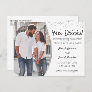 Free Drinks Silver Photo Casual Save The Date Postcard