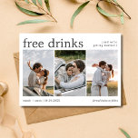 Free Drinks Three Engagement Photo Wedding Save The Date<br><div class="desc">Introducing our Free Drinks Three Engagement Photo Wedding Save the Date cards—a delightful way for engaged couples to announce their upcoming wedding to loved ones! Perfect for those who appreciate a touch of humour, these cards proudly declare "Free Drinks (and we're getting married)". Featuring a unique three-photo layout, these save...</div>