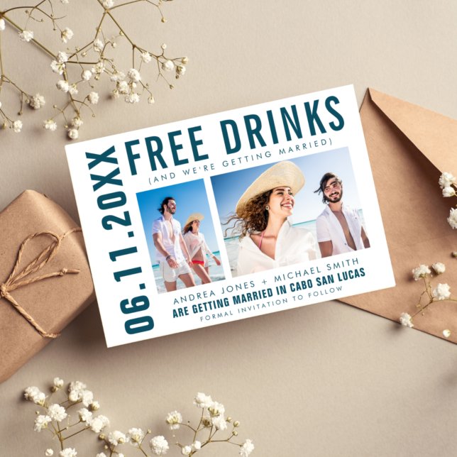 Free Drinks Two Photo Beach Wedding Save the Date Announcement (Creator Uploaded)