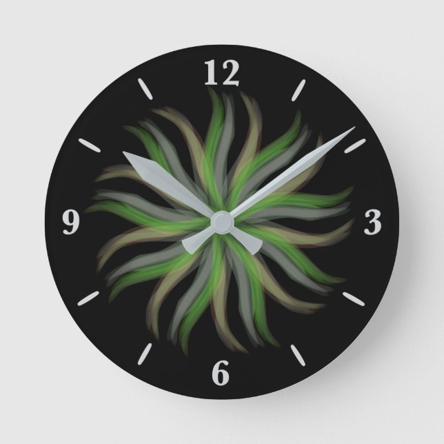 Free Flowing Floral Green Grey Brown Leaves Art  Round Clock (Front)