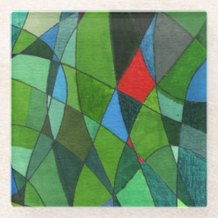 Free form abstract in cool greens and red accent glass coaster