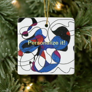 Free form lines and organic shapes in blue. black ceramic ornament