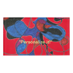 Free form organic design in red, blue & black name tag