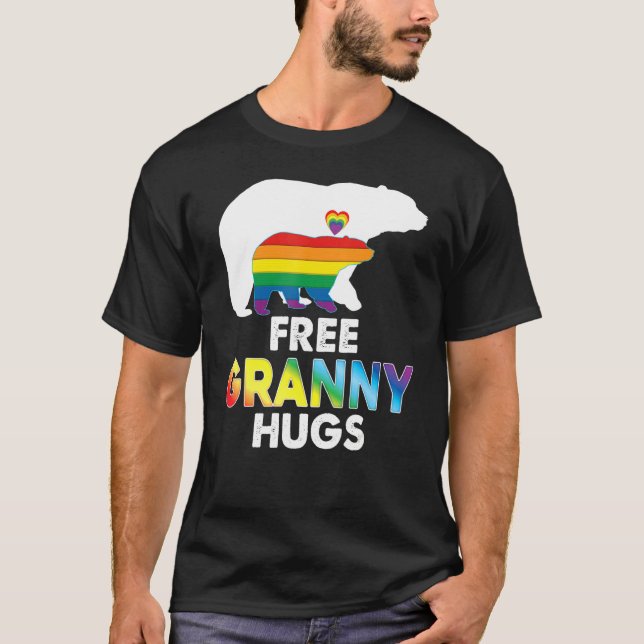 Free Granny Hugs Rainbow Bear Lgbt Pride Gay Lesbi T-Shirt (Front)