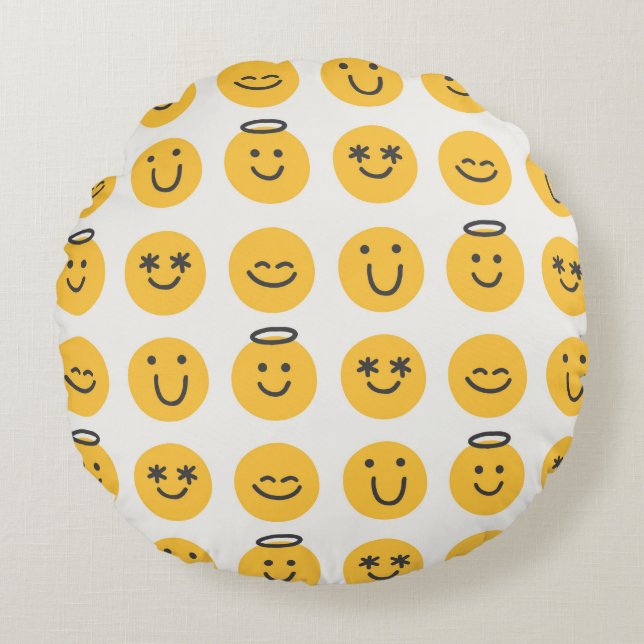 Free hand happy emoji seamless pattern. Positive e Round Cushion (Front)
