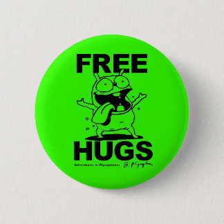 "Free Hugs" Bill Plympton Dog button green