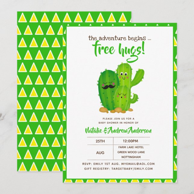 Free Hugs Cacti Family Modern Yellow Green Invitation (Front/Back)