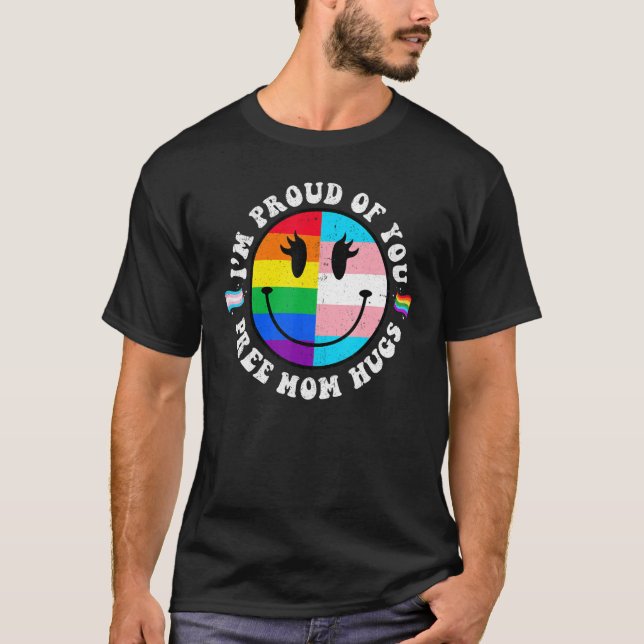 Free Mom Hugs Groovy Hippie Face LGBT Rainbow Tran T-Shirt (Front)