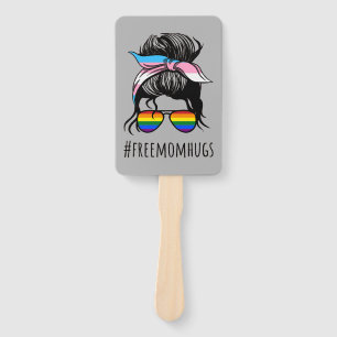 Free Mom Hugs IV - Messy Bun Rainbow Gay Trans Hand Fan