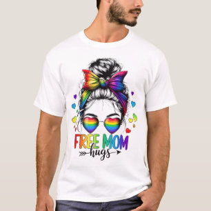 Free Mom Hugs Lgbt Flag Messy Bun Trans Gay Pride  T-Shirt