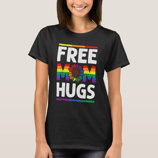 Free Mom Hugs LGBT Pride Leopard Sunflower Rainbow T-Shirt (Front)