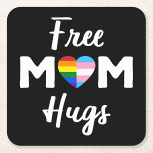 Free Mum Hugs II - Rainbow Gay Trans Pride Square Paper Coaster