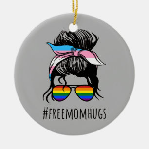 Free Mum Hugs IV - Messy Bun Rainbow Gay Trans Ceramic Tree Decoration