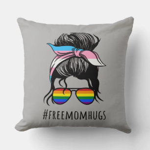 Free Mum Hugs IV - Messy Bun Rainbow Gay Trans Cushion