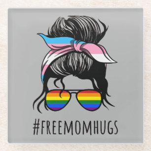 Free Mum Hugs IV - Messy Bun Rainbow Gay Trans Glass Coaster