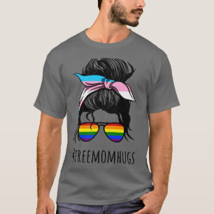 Free Mum Hugs IV Messy Bun Rainbow Gay Trans Pride T-Shirt