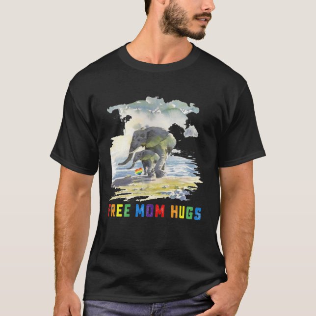 Free Mum Hugs LGBT Mother Elephant Rainbow Womens T-Shirt (Front)