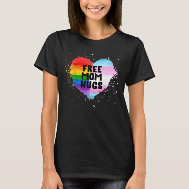 Free Mum Hugs LGBT Rainbow Flag Heart Gay Pride T-Shirt (Front)
