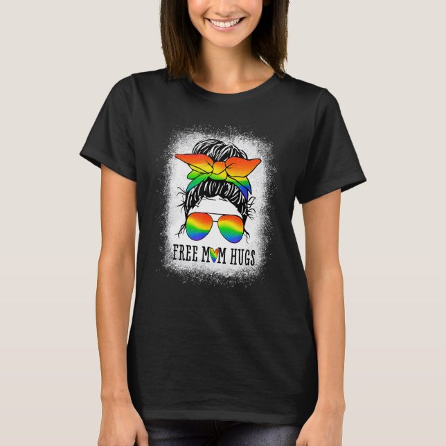 Free Mum Hugs Messy Bun Heart LGBT Pride Month T-Shirt (Front)