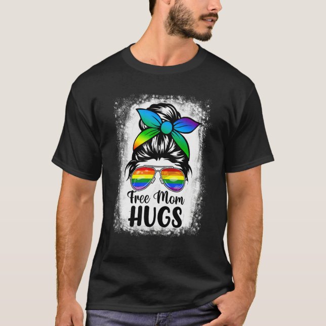 Free Mum Hugs Messy Bun Pansexual Pride Rainbow Fl T-Shirt (Front)