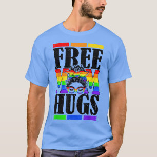 Free Mum Hugs Tshirt Rainbow Messy Bun LGBT Pride