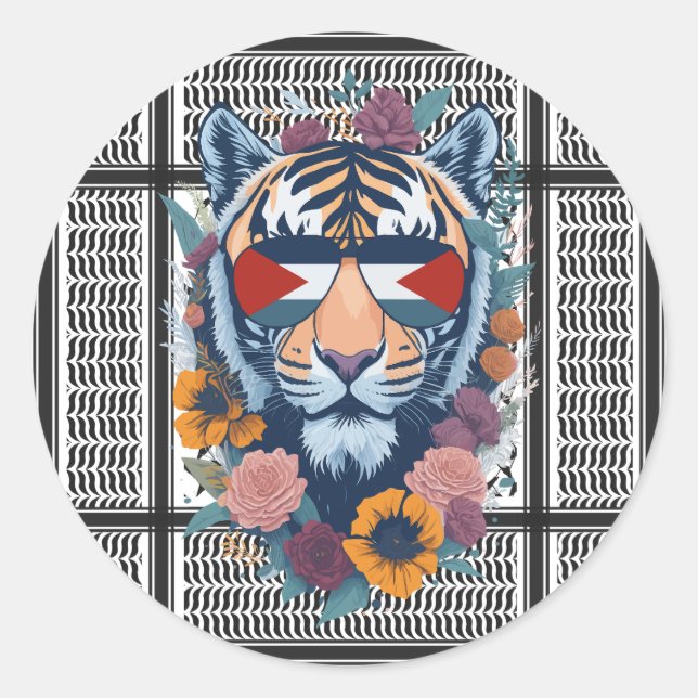 Free Palestine ARABIC WITH MAP tiger  Classic Round Sticker (Front)