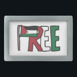 Free Palestine Belt Buckle<br><div class="desc">The Palestinian flag and the letters "REE" make up a "Free Palestine" image of protest. A statement of intent or a howl of rage - colorful and effective sloganeering image.</div>