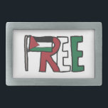 Free Palestine Belt Buckle<br><div class="desc">The Palestinian flag and the letters "REE" make up a "Free Palestine" image of protest.  A statement of intent or a howl of rage - colorful and effective sloganeering image.</div>