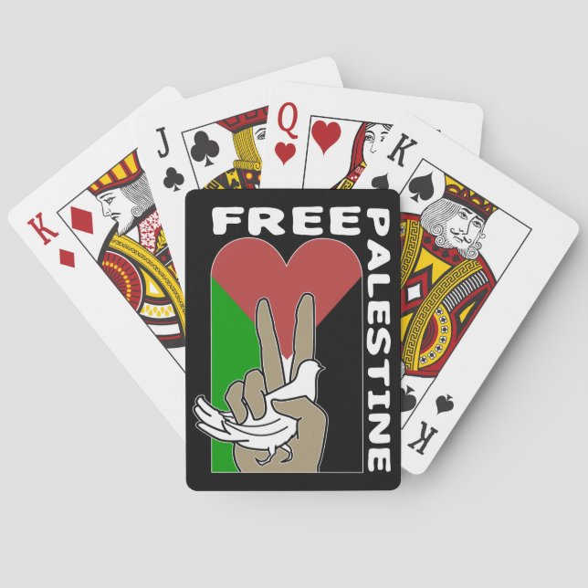 Free Palestine Dove Heart Peace Sign Black Playing Cards (Back)