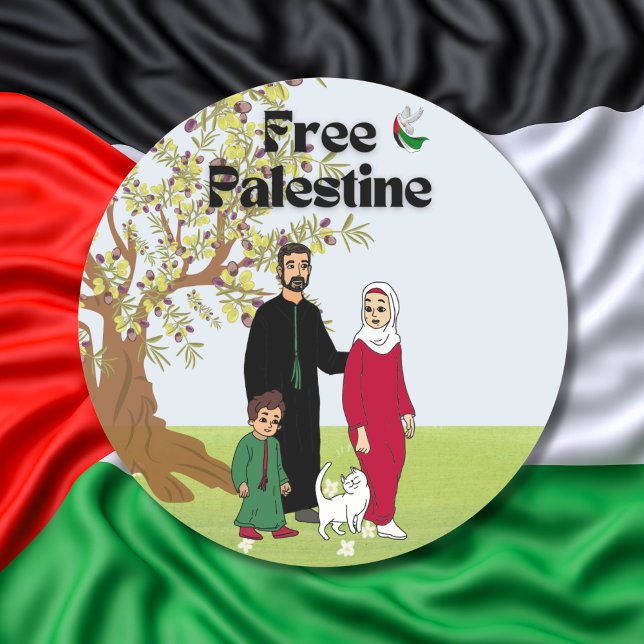 Free Palestine Flag Dove Olive Tree Family Cat Classic Round Sticker (Creator Uploaded)