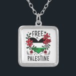 Free palestine flag silver plated necklace<br><div class="desc">Free palestine necklace Palestinian flag heart shape and flowers. I stand with Palestine protest outfit accessories.</div>