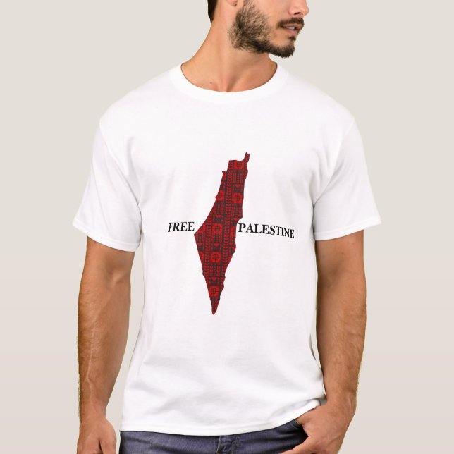 Free Palestine Map With Printed Embroidery  T-Shirt (Front)