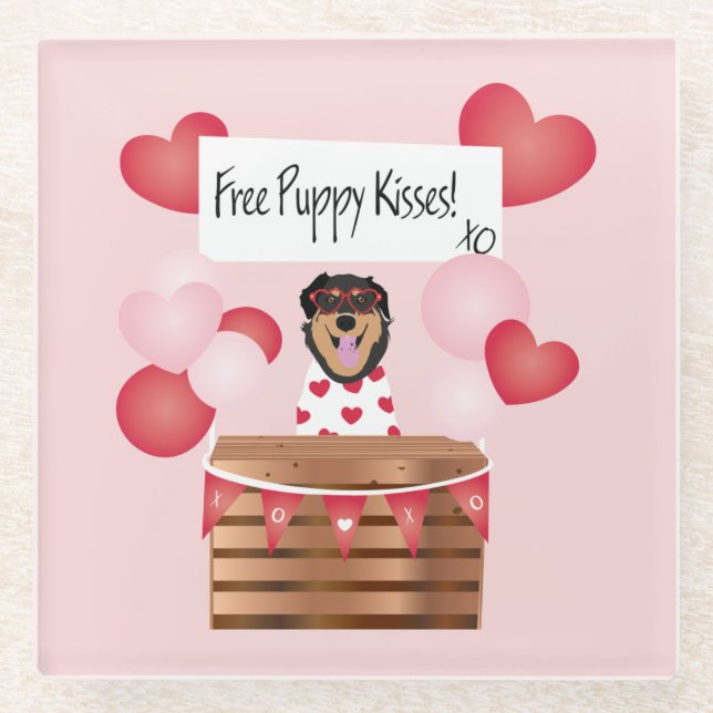Free Puppy Kisses Valentine Dog Glass Coaster (Front)