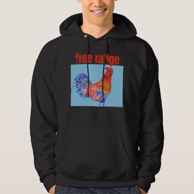 Free Range Chicken Watercolor Rooster Cockerel Hoodie (Front)