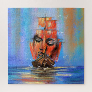 Free Sailing Sailboat Lady - Original Art Painting Jigsaw Puzzle