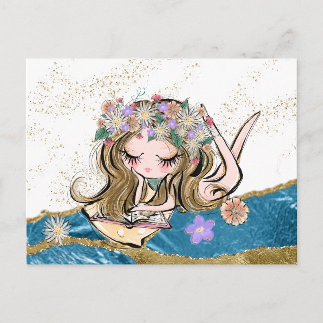 *~*  Free Spirit Flower Child Reading Gold Blue Postcard (Front)