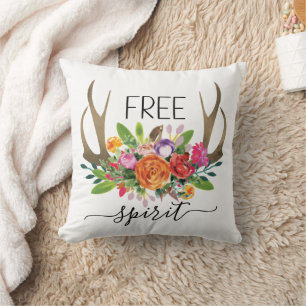 Free Spirit Modern Boho Chic Flowers Antlers Cushion