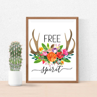 Free Spirit Modern Boho Chic Flowers Antlers Poster