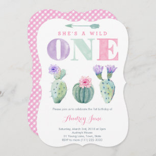 Free Spirit Pink Lilac Cactus Girl 1st Birthday Invitation