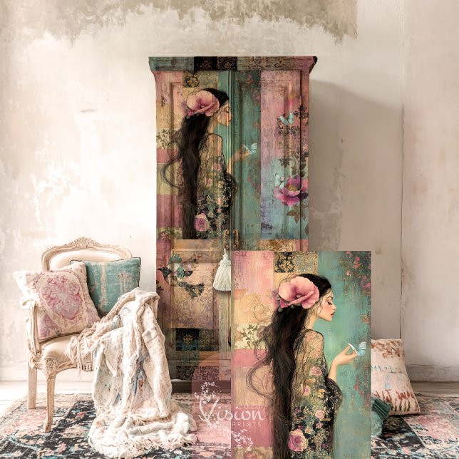 Free Spirit Whimsical Portrait, patchwork & floral Tissue Paper (Pink, black & green, Whimsical Portrait, Vintage patchwork & Floral decoupage tissue paper)