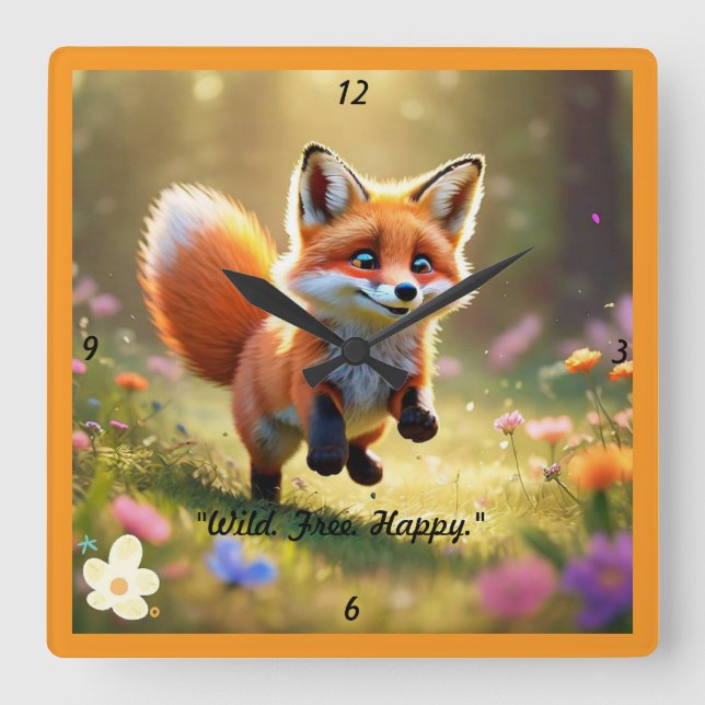 "Free-Spirited Fox" Square Wall Clock (Front)