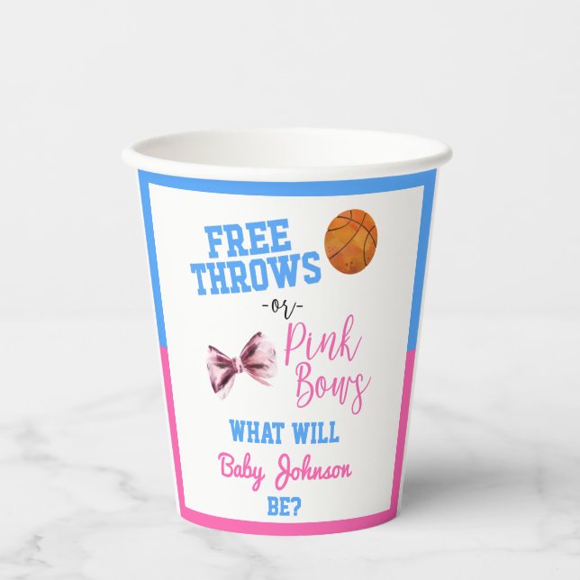 Free Throws or Pink Bows Basketball Gender Reveal Paper Cups (Front)