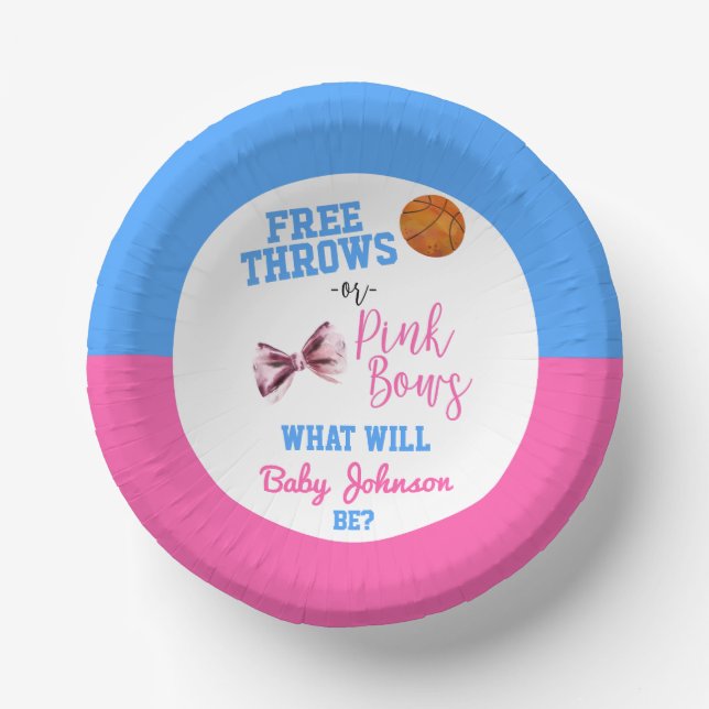 Free Throws or Pink Bows Basketball Gender Reveal Paper Plate (Front)
