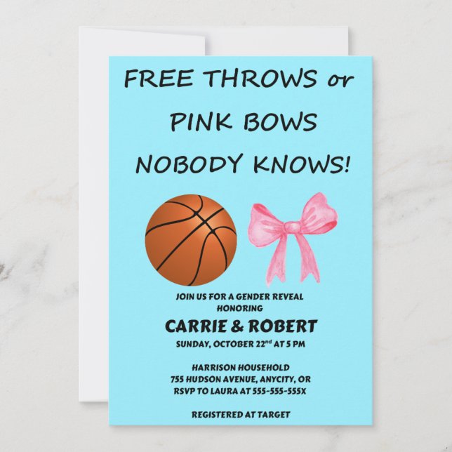 Free Throws or Pink Bows gender reveal party Invitation (Front)