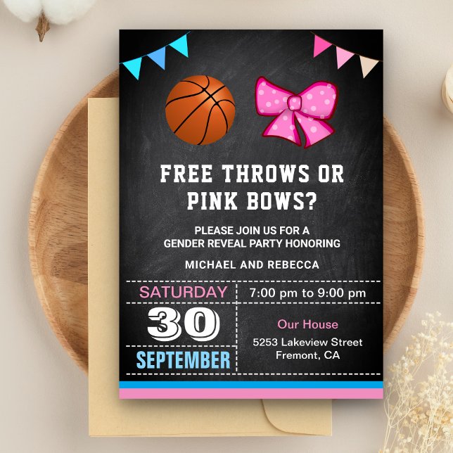 Free Throws or Pink Bows Gender Reveal Party Invitation (Creator Uploaded)