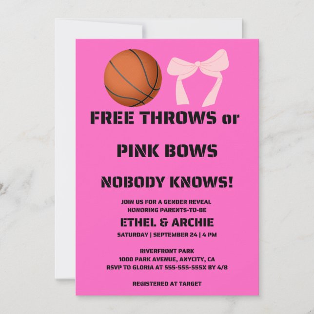 Free Throws or Pink Bows gender reveal party Invitation (Front)