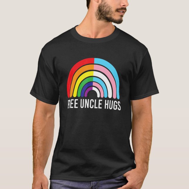 Free Uncle Hugs Rainbow Transgender Flag Lgbtq Gay T-Shirt (Front)