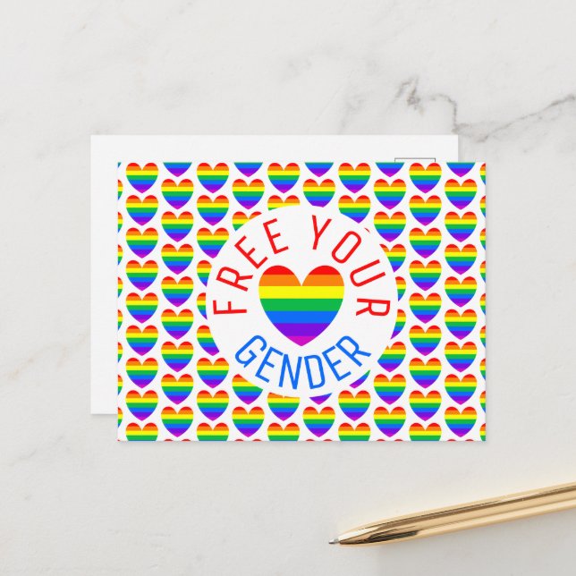 Free your Gender, Rainbow Heart Postcard (Front/Back In Situ)
