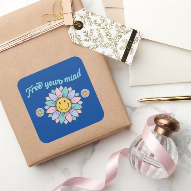 FREE YOUR MIND funny 70's typography design flower Square Sticker (Gifting)