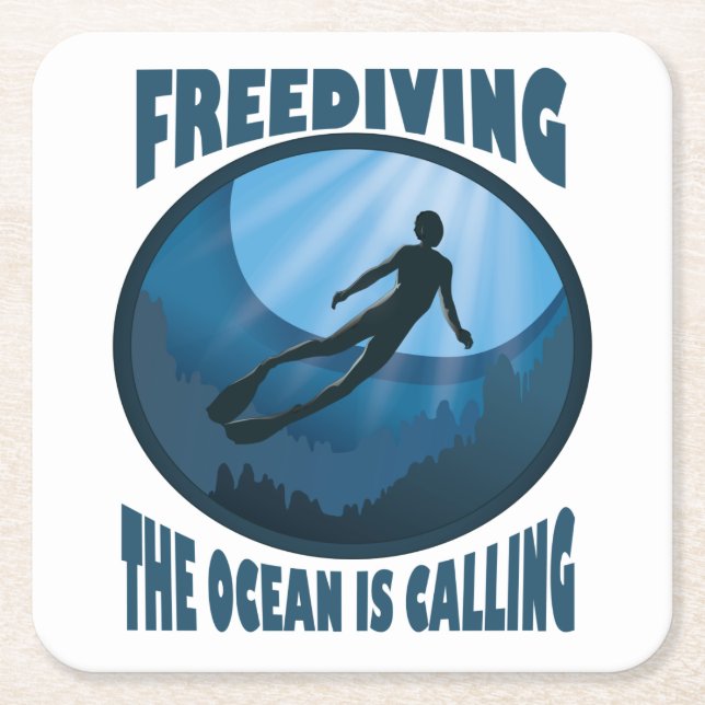Freediving - The Ocean Is Calling Underwater Diver Square Paper Coaster (Front)